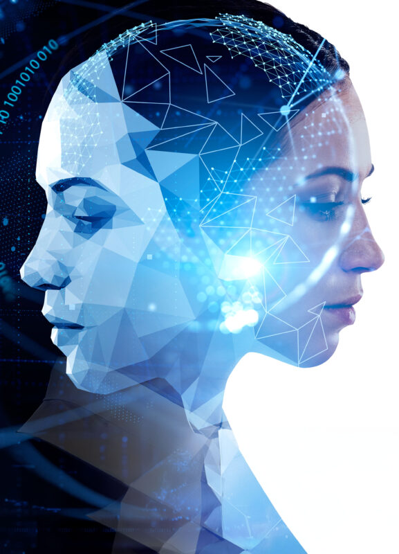 Attractive businesswoman with robot face on white background. Digital interface with binary code and head with virtual globe in the foreground. Concept of artificial intelligence. Copy space