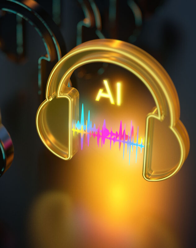 Glowing AI Music icon with audio waveform on dark background. Yellow transparent glass material glowing on dark reflecting floor