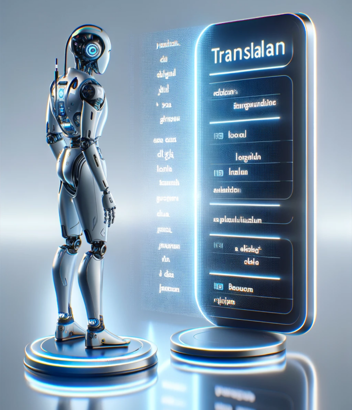 futuristic robot translating text from English to another language on a sleek white background